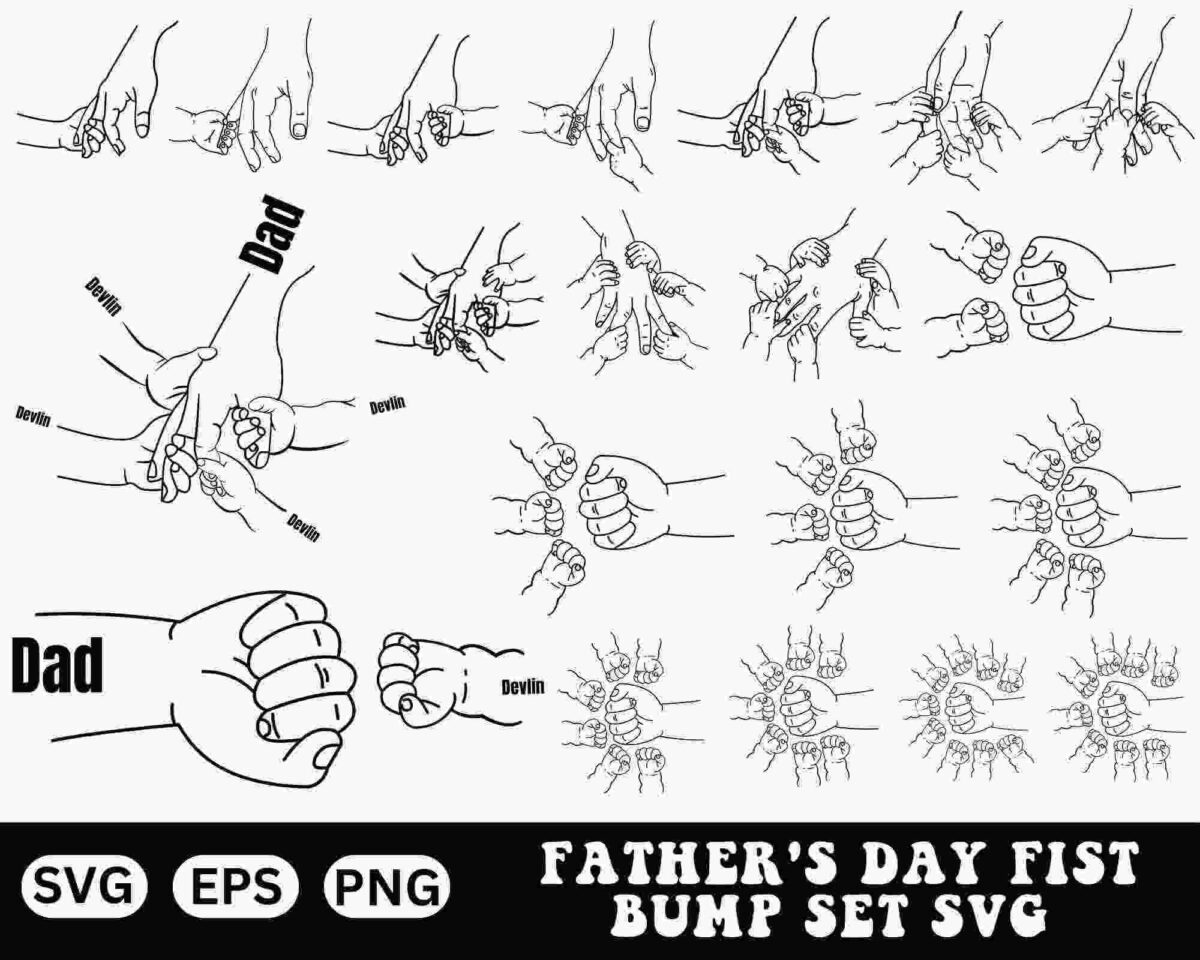 Alt Text: A collection of line drawings depicting different fist bumps between hands labeled "Dad" and "Berlin." The design includes various angles and styles, featuring SVG, EPS, and PNG formats.