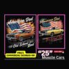 Alt Text: Two posters featuring "American Dad" text, flames, an American flag, and vintage muscle cars with the text "Old School Bad.” The number "25" and "Muscle Cars" with "Click Here" buttons are at the bottom.
