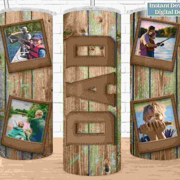 Three tumblers with a wood panel design feature the word "DAD" in leather-like letters and framed pictures of outdoor activities, including fishing and a child holding a fish.
