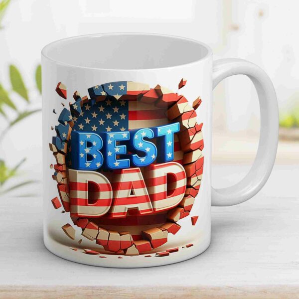 White coffee mug with "BEST DAD" text in front of a broken wall design, featuring an American flag motif in the background.