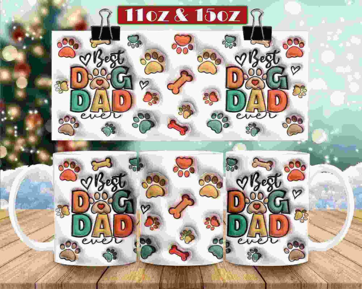 Mugs with "Best Dog Dad Ever" text and paw and bone illustrations are displayed on a wooden surface with a snowy, festive background. Available in 11oz and 15oz sizes.