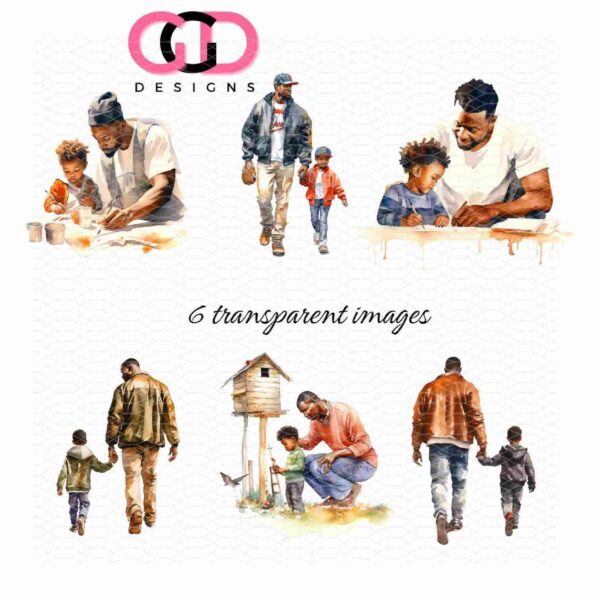 Alt Text: Collection of six watercolor images depicting father and child moments, including walking, playing, and reading. Text reads, "6 transparent images." Logo at top left: "GKD Designs.