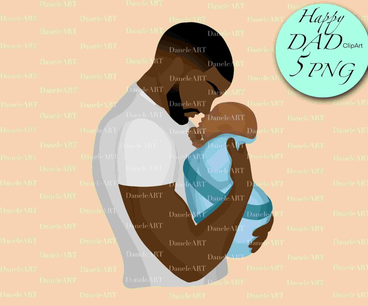Illustration of a man in a white shirt holding a baby wrapped in a blue blanket. Both are facing each other affectionately. A circular tag in the top right corner reads "Happy DAD 5 PNG" on a mint green background.