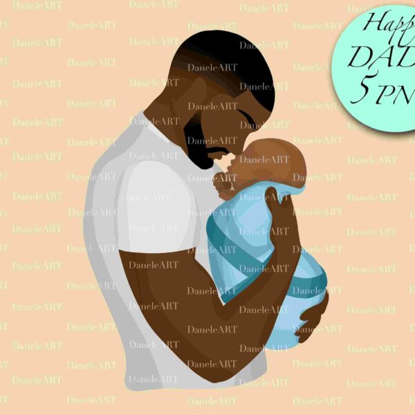 Illustration of a man in a white shirt holding a baby wrapped in a blue blanket. Both are facing each other affectionately. A circular tag in the top right corner reads "Happy DAD 5 PNG" on a mint green background.