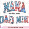 MAMA, DAD, and MINI text in red, white, and blue star patterns with 'Distressed & Solid' above, and 'PNG Sublimation Design' below.