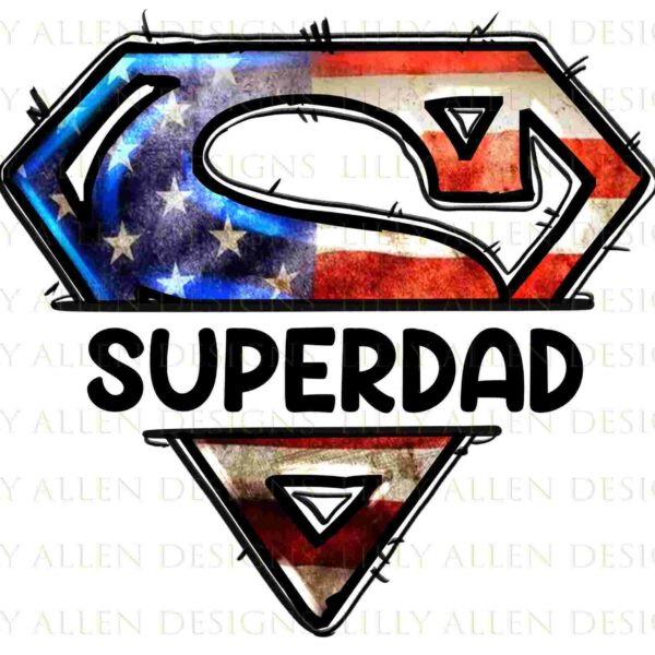 ## Super Dad: Patriotic Png Sublimation Design for Father's Day and 4th of July - Digital Download A symbolic representation of the Superman logo, but with an American flag design. The flag's colors, red, white, and blue, are prominently displayed, and the stars are clearly visible. The 'S' of the Superman logo is also present, but it's merged with the flag's design. The word 'SUPERDAD' is written below the symbol, indicating a patriotic or fatherly theme.