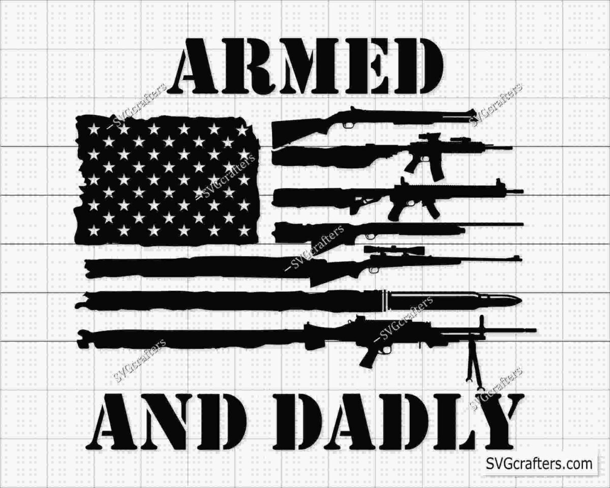 An image featuring an American flag made from silhouettes of various firearms, accompanied by the text "ARMED AND DEADLY.