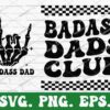 Illustration with a skeletal hand making a rock sign reading "Badass Dad" on the left and "Badass Dads Club" in bold letters on the right. Texts have a checkered pattern background.