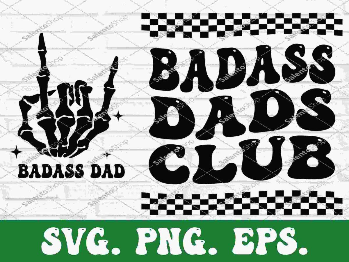 Illustration with a skeletal hand making a rock sign reading "Badass Dad" on the left and "Badass Dads Club" in bold letters on the right. Texts have a checkered pattern background.