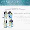 Illustrated digital file advertisement featuring vector art of "Bandit Heeler" from "Bluey" in four different poses. Included formats are AI, SVG, PDF, JPG, and PNG. The file is designed for cutting and is filled for engrave/clip art.