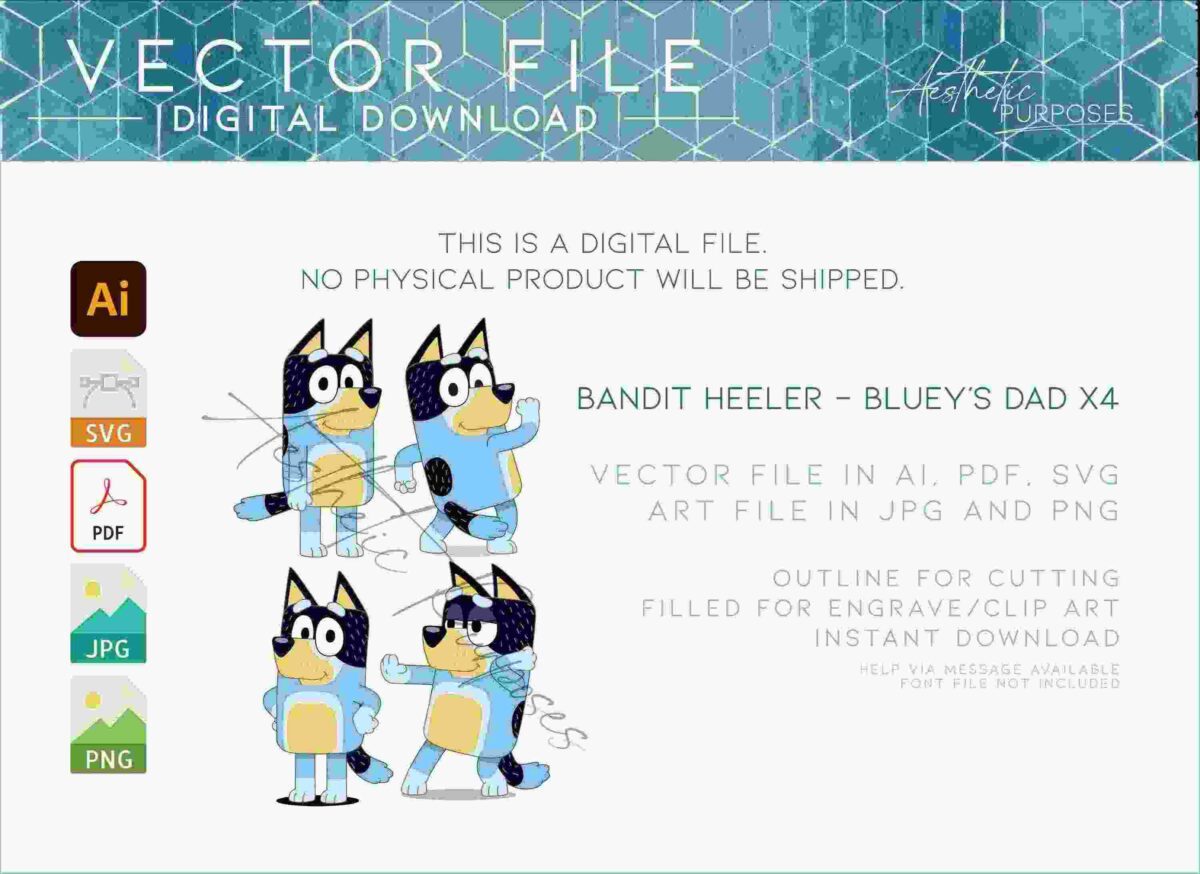 Illustrated digital file advertisement featuring vector art of "Bandit Heeler" from "Bluey" in four different poses. Included formats are AI, SVG, PDF, JPG, and PNG. The file is designed for cutting and is filled for engrave/clip art.