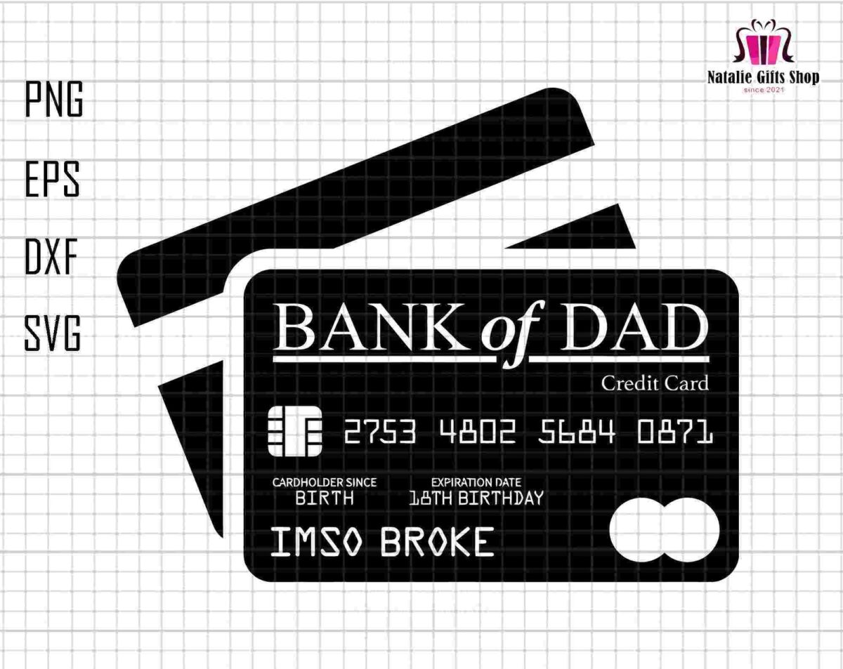 An illustration of a mock credit card labeled "Bank of Dad" with humorous text "IMSOBROKE" as the cardholder's name. The card is black with a grid background and various file format labels on the side.