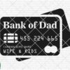 Alt Text: A black credit card graphic labeled "Bank of Dad" with the cardholder's name as "Wife & Kids" against a white brick background.