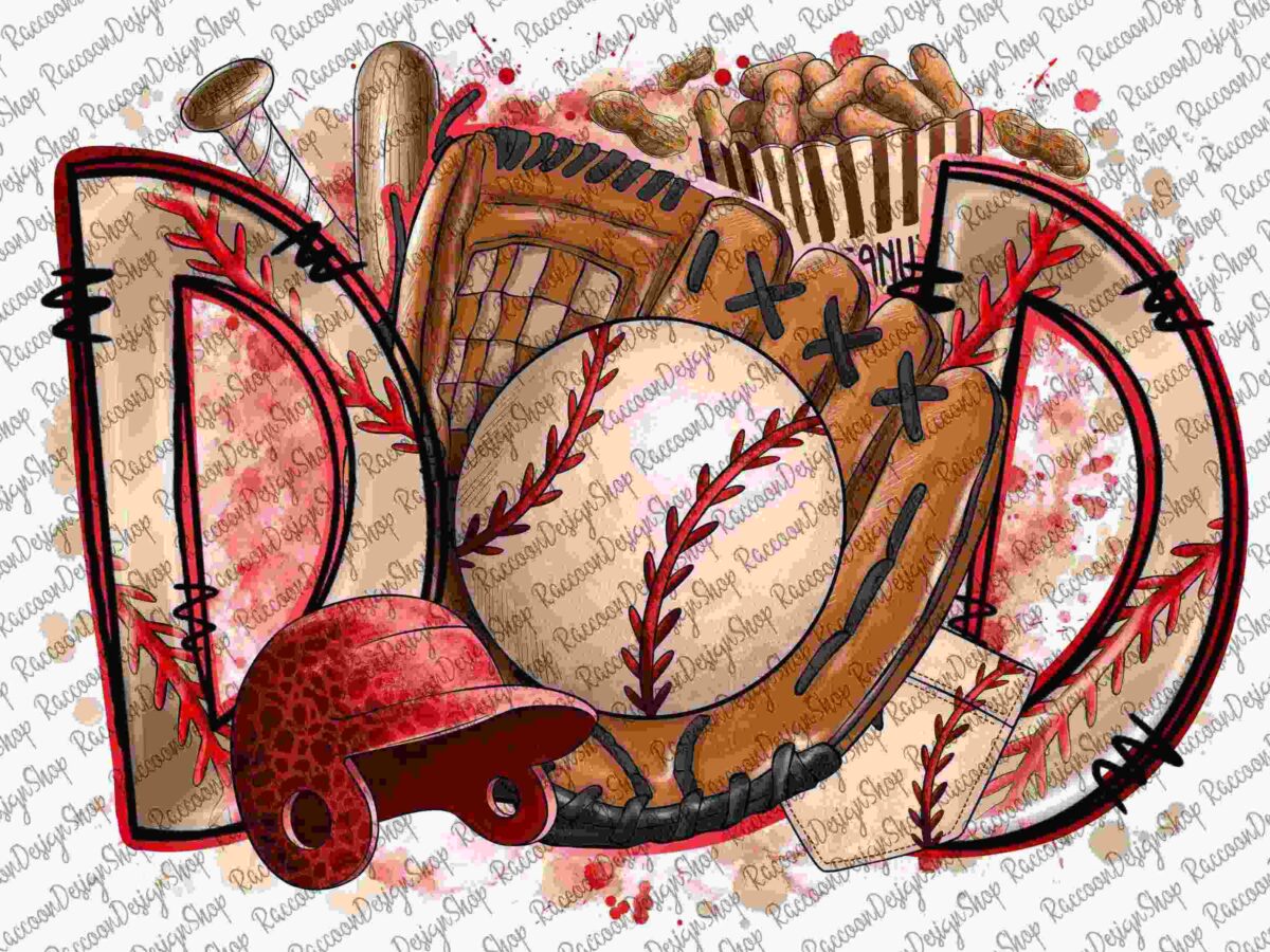 Illustration of the word "DAD" filled with baseball equipment, including a glove, ball, bat, helmet, and popcorn. The background features a red and white pattern and splatters.