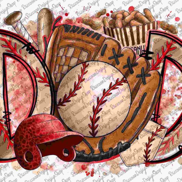 Illustration of the word "DAD" filled with baseball equipment, including a glove, ball, bat, helmet, and popcorn. The background features a red and white pattern and splatters.