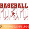 The image shows the text "Baseball Dad" with the word "Dad" incorporating a baseball stitch design and a silhouette of a batter. File types listed below include PDF, PNG, SVG, EPS, JPG, and DXF.