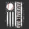 An image with a distressed American flag design featuring a baseball in place of the stars and "BASEBALL DAD" written in bold letters on the stripes.