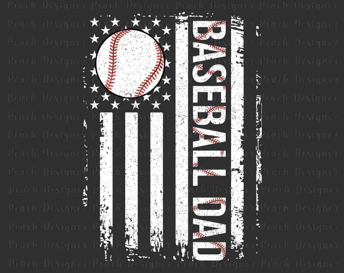 An image with a distressed American flag design featuring a baseball in place of the stars and "BASEBALL DAD" written in bold letters on the stripes.