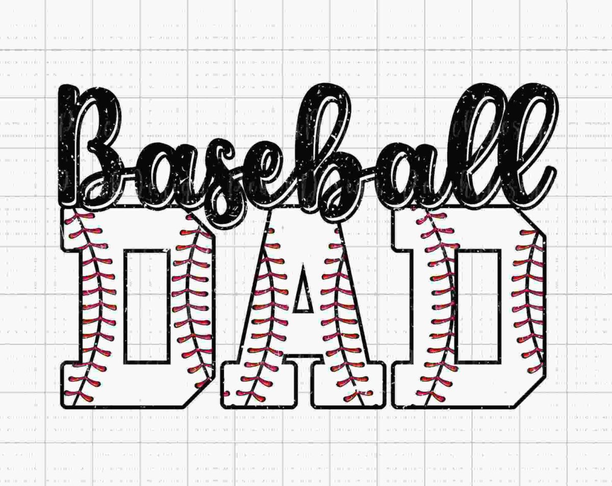 Text reads "Baseball Dad" with the word "Dad" containing baseball stitching patterns on a grid background.