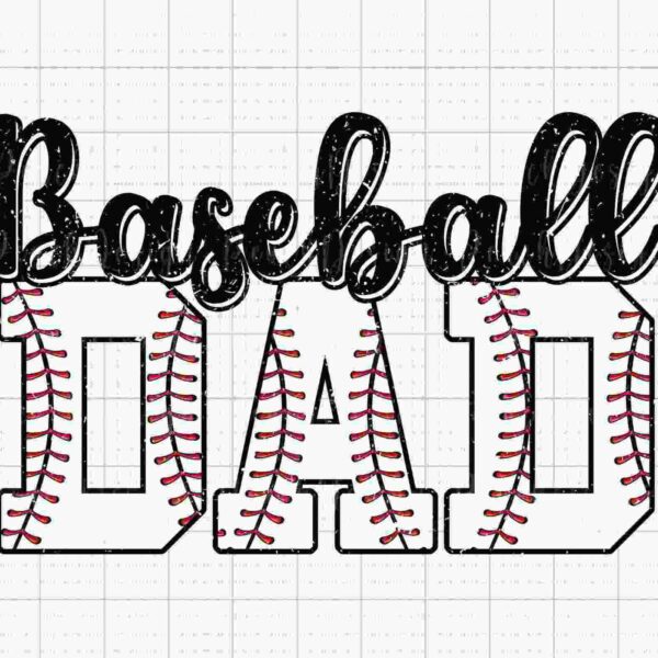 Text reads "Baseball Dad" with the word "Dad" containing baseball stitching patterns on a grid background.