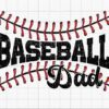 The image features the text "Baseball Dad" in bold, distressed letters, framed by red baseball stitching on a graph paper background.