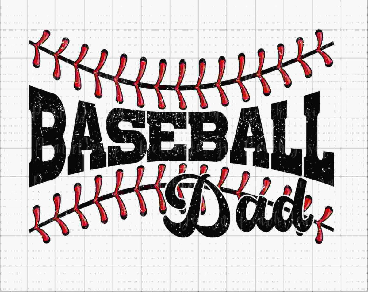 The image features the text "Baseball Dad" in bold, distressed letters, framed by red baseball stitching on a graph paper background.