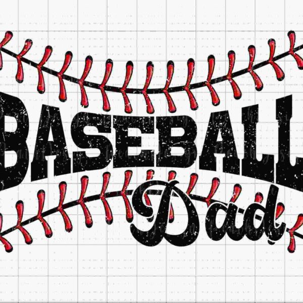 The image features the text "Baseball Dad" in bold, distressed letters, framed by red baseball stitching on a graph paper background.