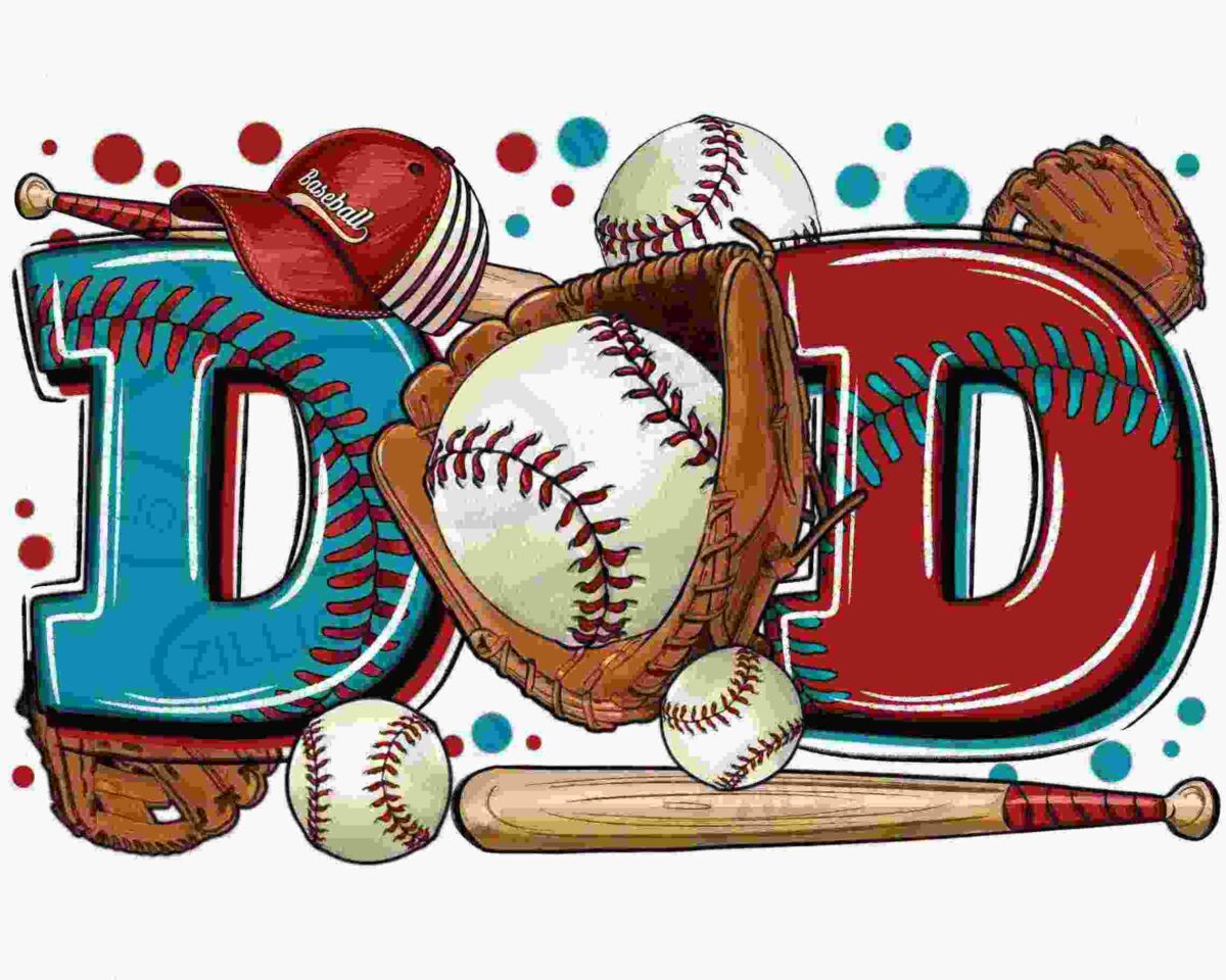 An illustration featuring red and blue baseball-themed lettering spelling "DAD." The letters are surrounded by baseballs, gloves, a bat, and a red cap. Bright red and teal dots decorate the background.