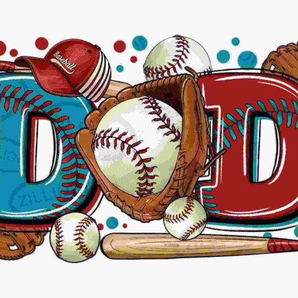 An illustration featuring red and blue baseball-themed lettering spelling "DAD." The letters are surrounded by baseballs, gloves, a bat, and a red cap. Bright red and teal dots decorate the background.