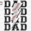 The image features the word "DAD" repeated four times in bold, distressed black font, with a large, white lightning bolt decorated like a baseball overlapping the middle two instances of the word.