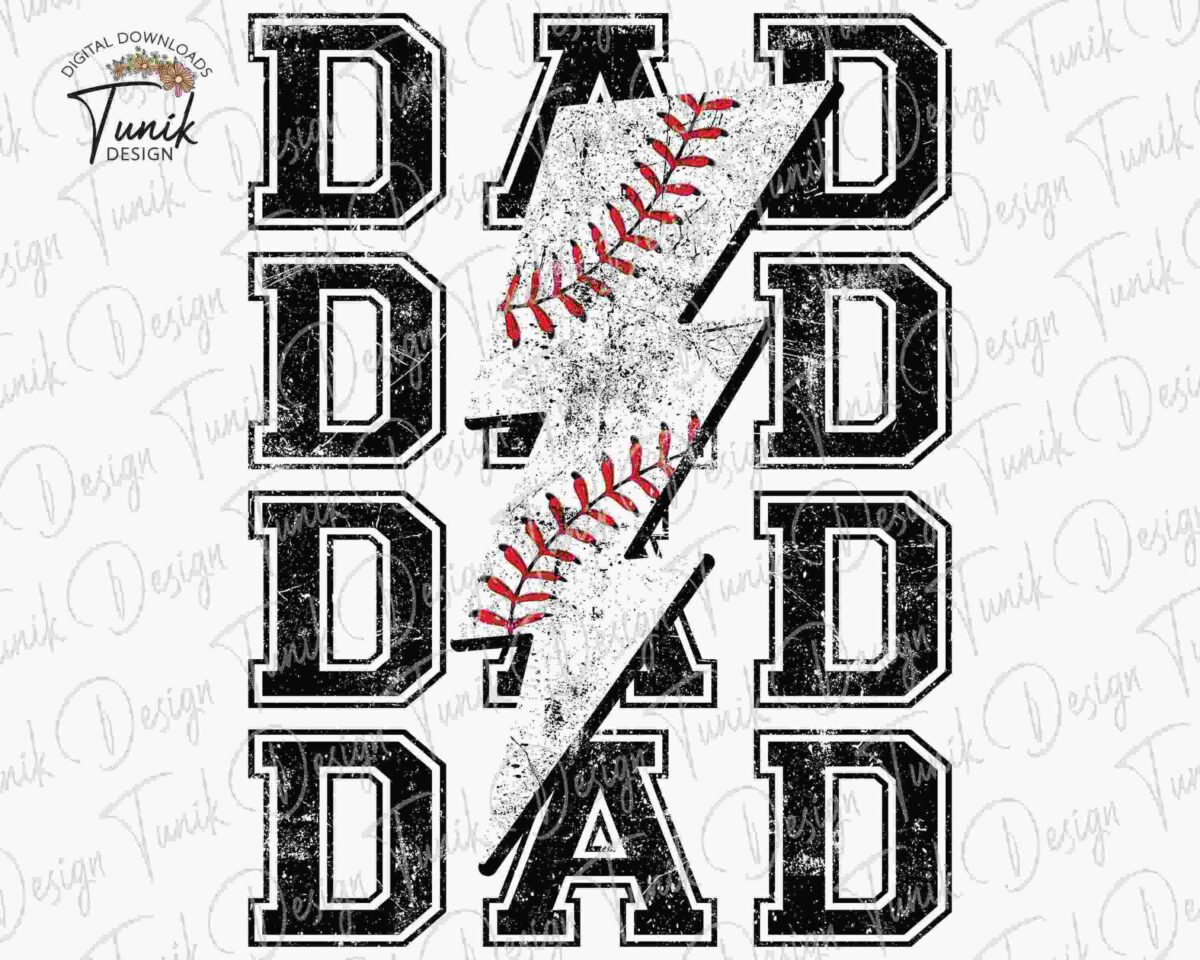 The image features the word "DAD" repeated four times in bold, distressed black font, with a large, white lightning bolt decorated like a baseball overlapping the middle two instances of the word.