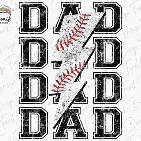 The image features the word "DAD" repeated four times in bold, distressed black font, with a large, white lightning bolt decorated like a baseball overlapping the middle two instances of the word.