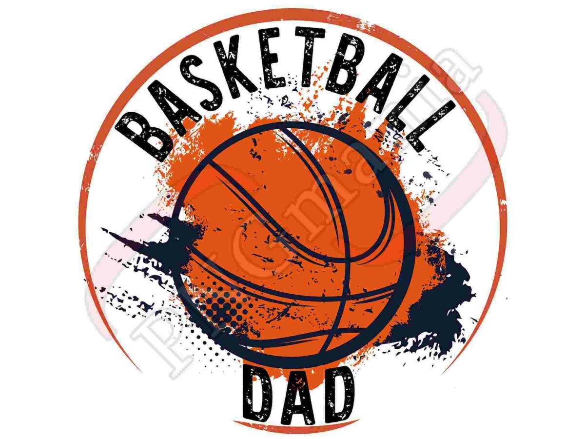 Logo depicting an orange basketball with the words "Basketball Dad" written above and below it, surrounded by splattered paint-like graphics.