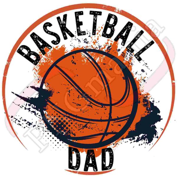 Logo depicting an orange basketball with the words "Basketball Dad" written above and below it, surrounded by splattered paint-like graphics.