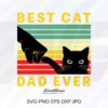 Illustration of a fist bump between a human hand and a cat paw with the text "Best Cat Dad Ever" above and below the image. The background features a retro-colored rainbow stripe design.