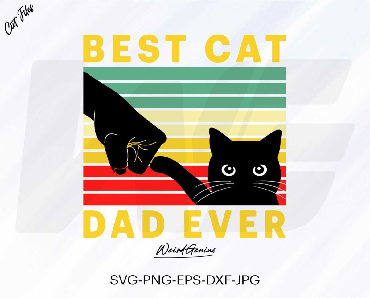 Illustration of a fist bump between a human hand and a cat paw with the text "Best Cat Dad Ever" above and below the image. The background features a retro-colored rainbow stripe design.