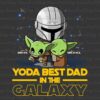 A stylized image depicts a Mandalorian figure labeled "John" with two baby Yoda figures labeled "Brian" and "Michael." Yellow text below reads, "Yoda Best Dad in the Galaxy.