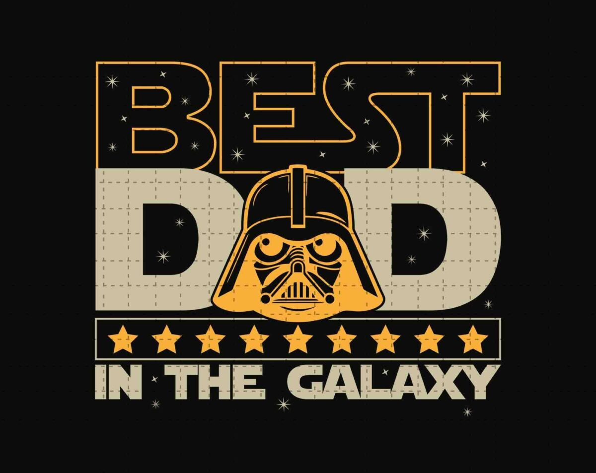 Best Dad in the Galaxy" text with Vader-like helmet illustration and yellow stars beneath.