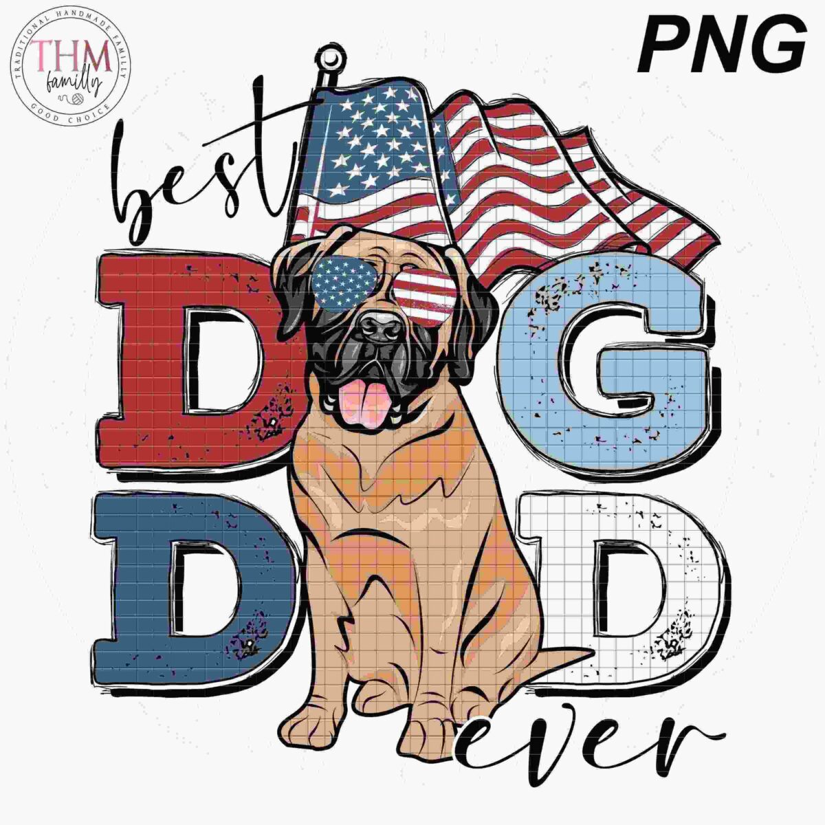 Illustration of a dog wearing American flag sunglasses, sitting in front of letters spelling "Best Dog Dad Ever," with an American flag in the background.