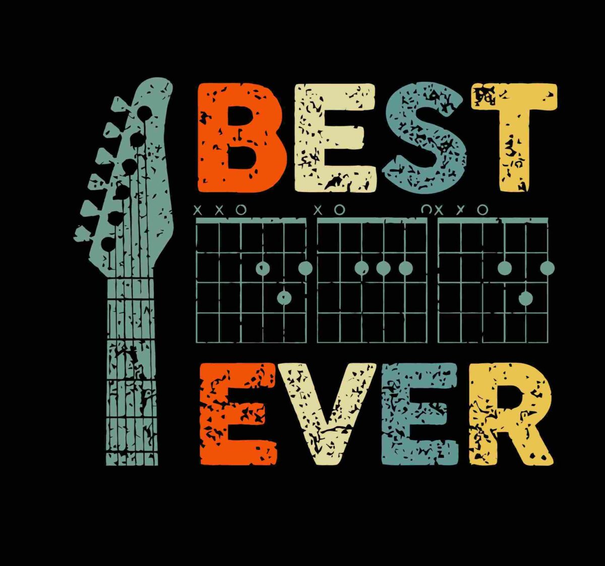 Illustration with a guitar neck on the left and the text "BEST EVER" arranged vertically with chord diagrams between the words "BEST" and "EVER" on a black background.