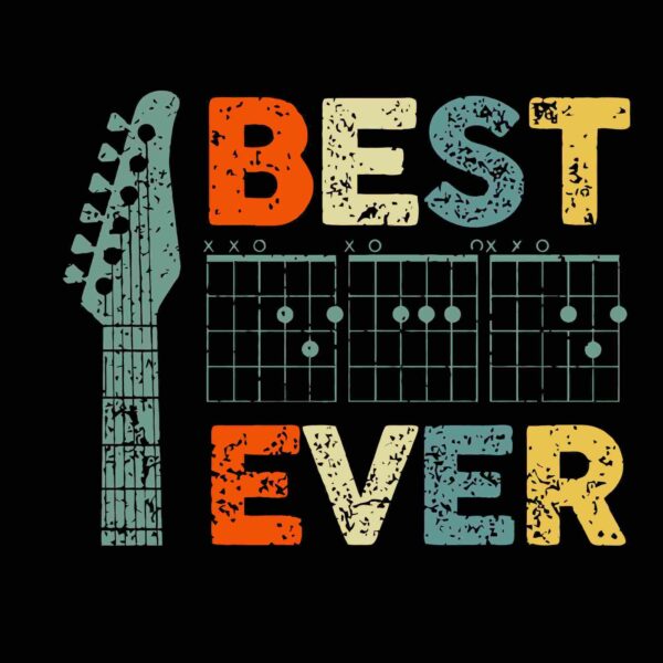 Illustration with a guitar neck on the left and the text "BEST EVER" arranged vertically with chord diagrams between the words "BEST" and "EVER" on a black background.