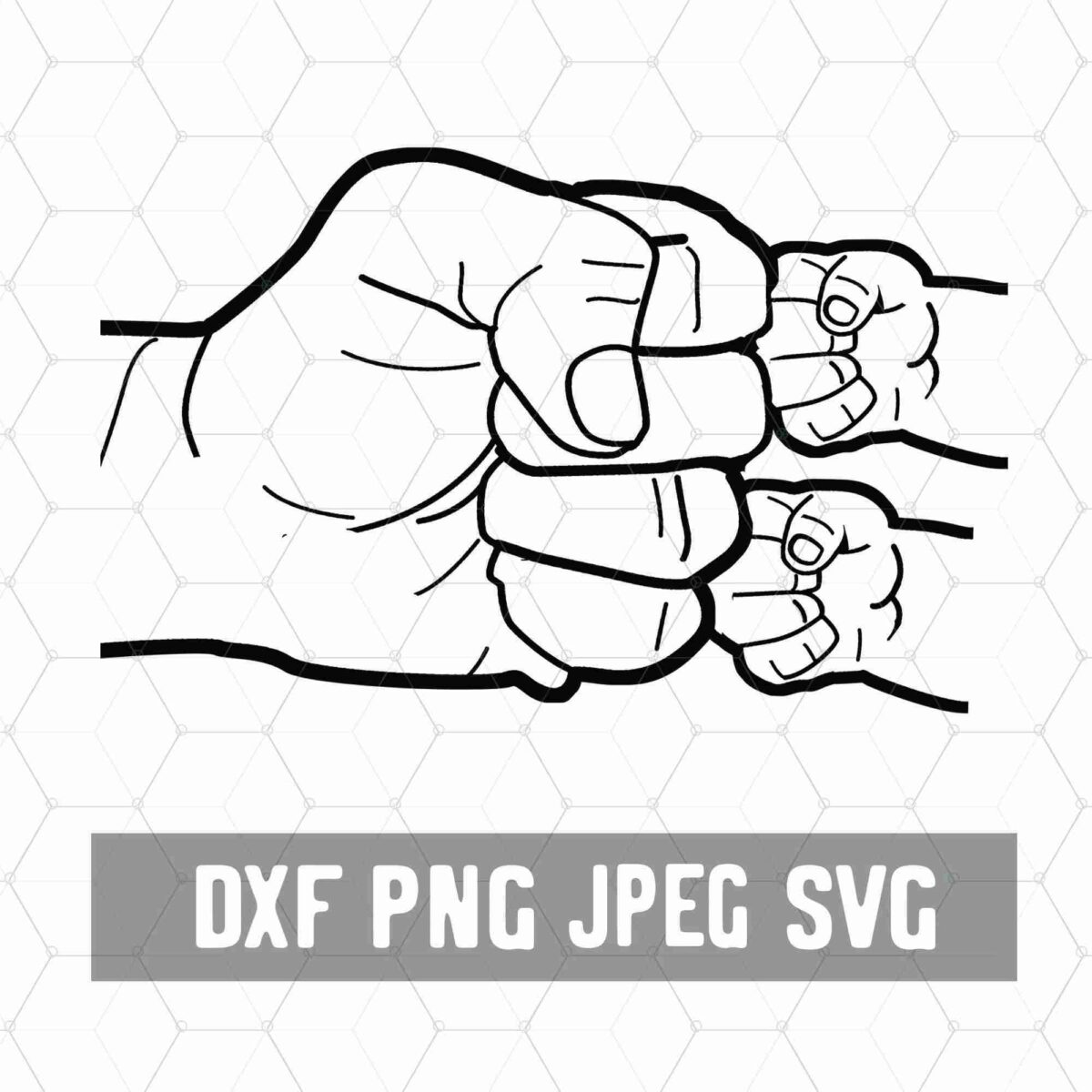 A drawing shows a large fist bumping three smaller fists. Text below the drawing reads "DXF PNG JPEG SVG." The background consists of a light hexagonal pattern.