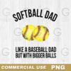 Image shows two softballs with the text "SOFTBALL DAD" above them and the phrase "LIKE A BASEBALL DAD BUT WITH BIGGER BALLS" below. The bottom of the image has "COMMERCIAL USE" and "PNG" in a gold banner.