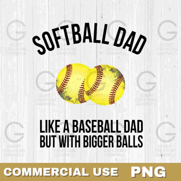 Image shows two softballs with the text "SOFTBALL DAD" above them and the phrase "LIKE A BASEBALL DAD BUT WITH BIGGER BALLS" below. The bottom of the image has "COMMERCIAL USE" and "PNG" in a gold banner.