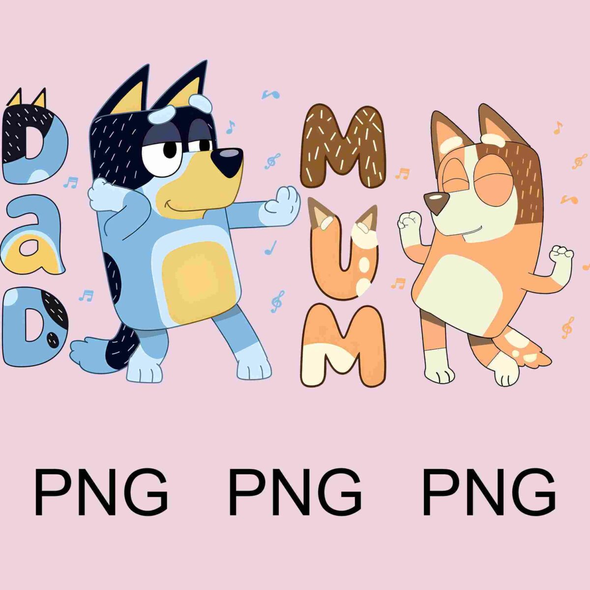 Illustration of two cartoon dogs dancing, labeled "DAD" and "MUM" with musical notes around them, and "PNG" written below each character.