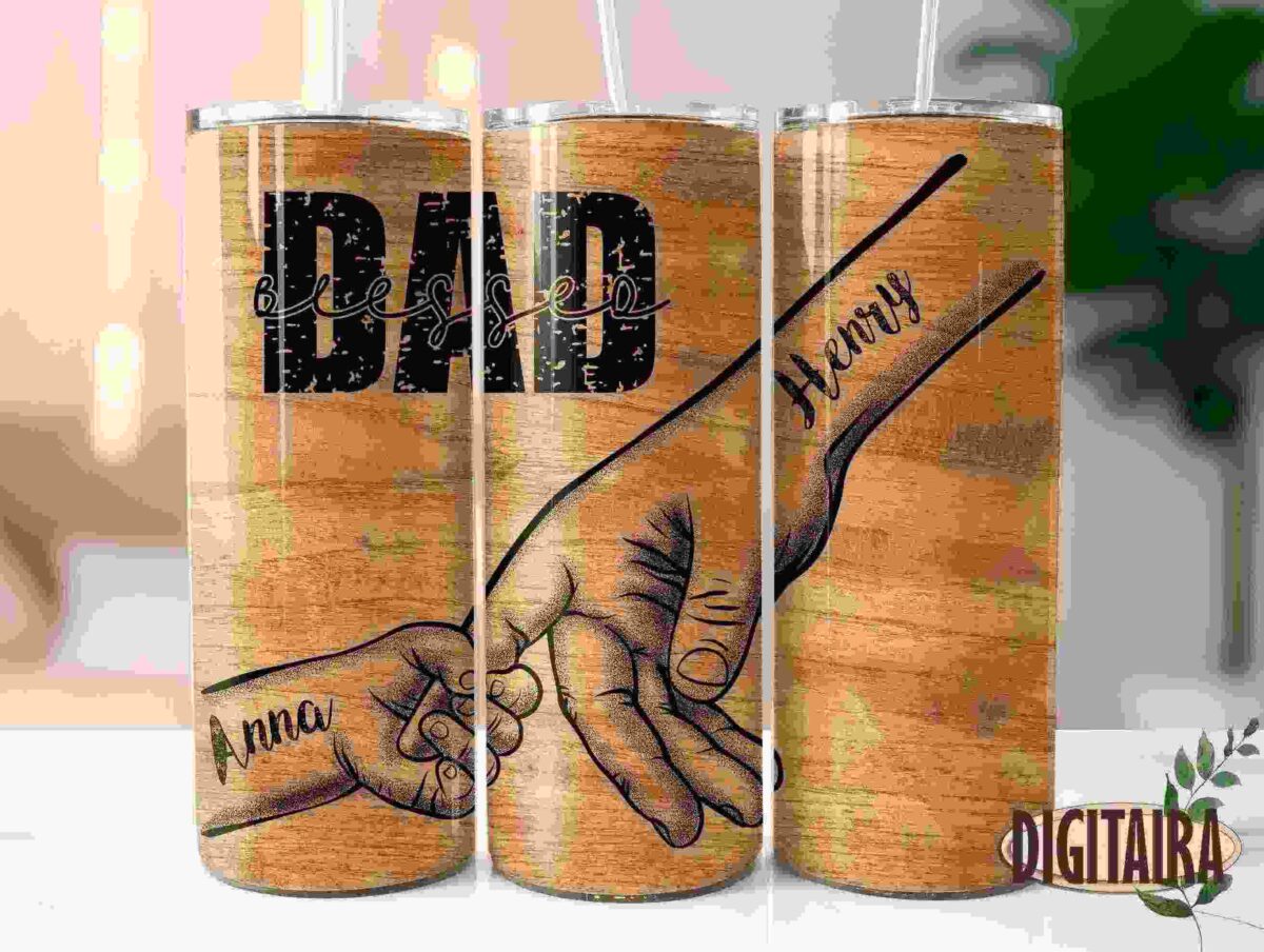 A set of three wooden-patterned tumblers. The first tumbler has "Anna" and a small hand reaching up. The middle tumbler says "DAD BLESSED" with larger hands. The third tumbler has "Henry" and another large hand reaching down.