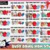 A colorful collage features multiple animated scenes labeled "Busy Doing Mom Stuff." Images include a shopping cart, fast food, a mother with children, gadgets, drinks, and shopping bags. The upper left corner has "Instant Download" text and the bottom says, "18 Busy Doing Mom Stuff.