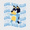 Cartoon dog character in a blue outfit dancing on a patterned background with the text "Cool Dads Club" repeatedly printed in light blue.