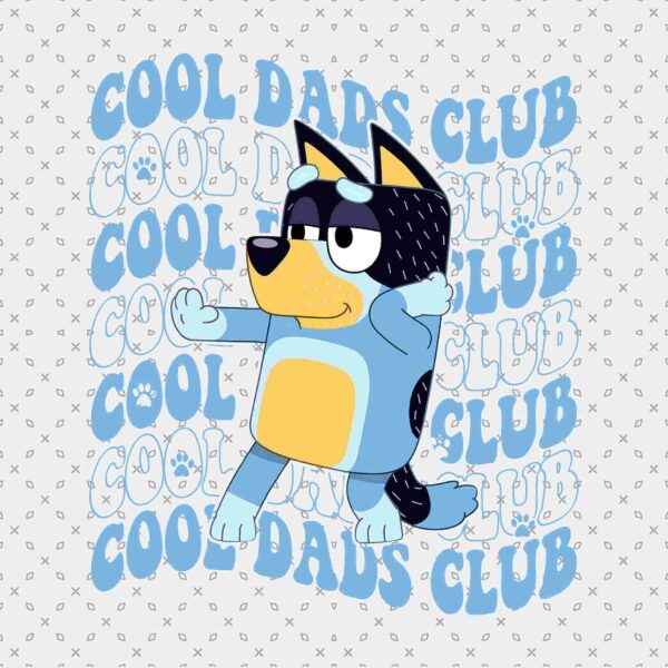 Cartoon dog character in a blue outfit dancing on a patterned background with the text "Cool Dads Club" repeatedly printed in light blue.