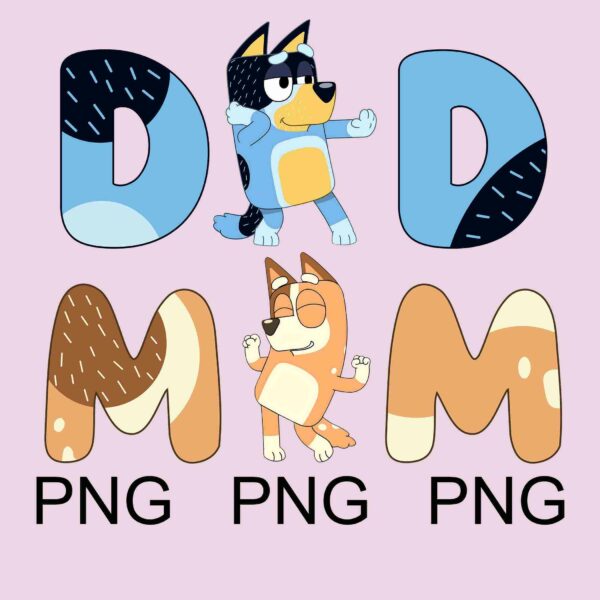 Cartoon dog characters with the letters "D" and "M" in large, patterned fonts and "PNG" written beneath each letter. Pink background.